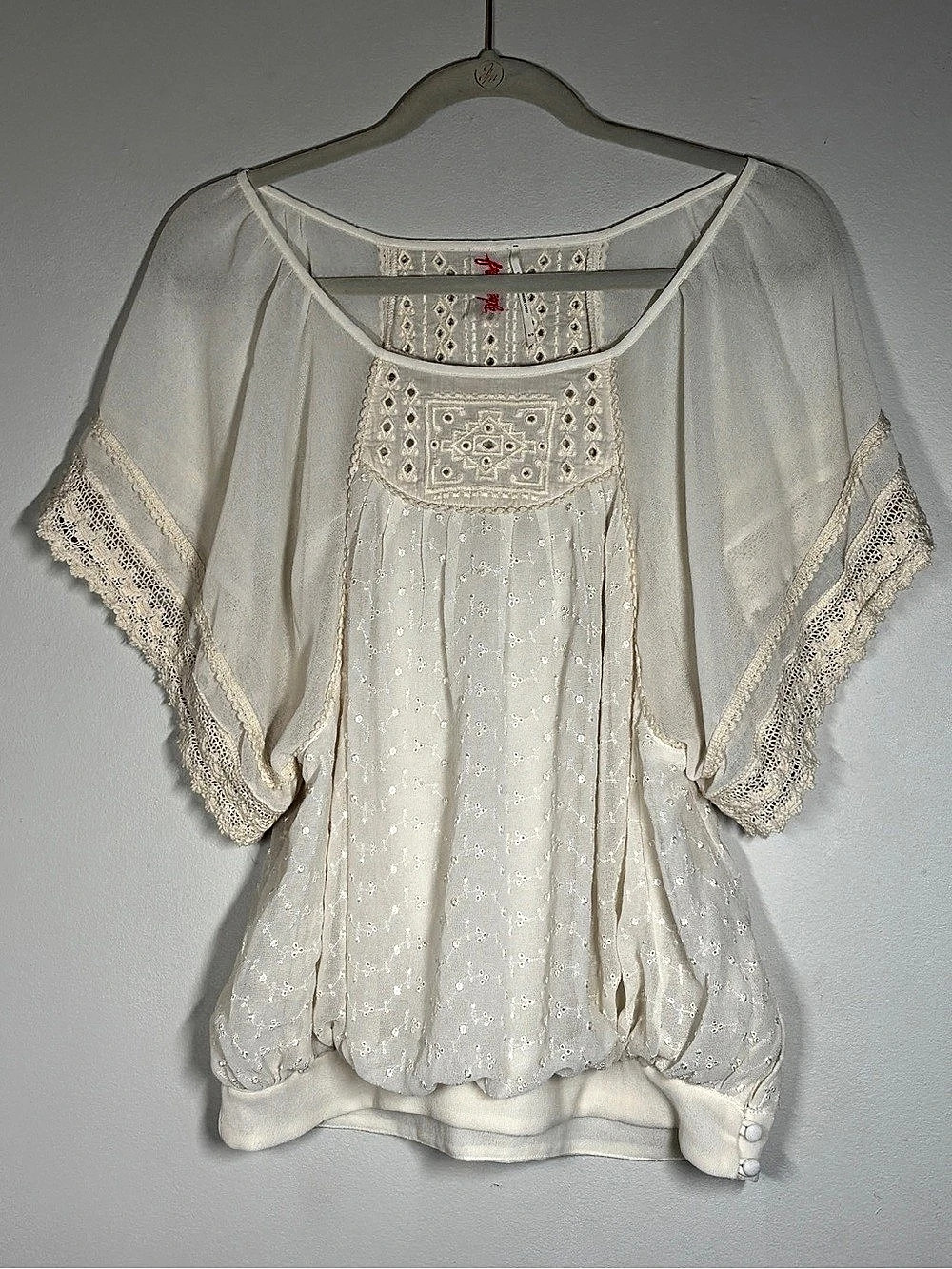 Vintage Free People Cream Embroidered Lace Bubble Hem Top